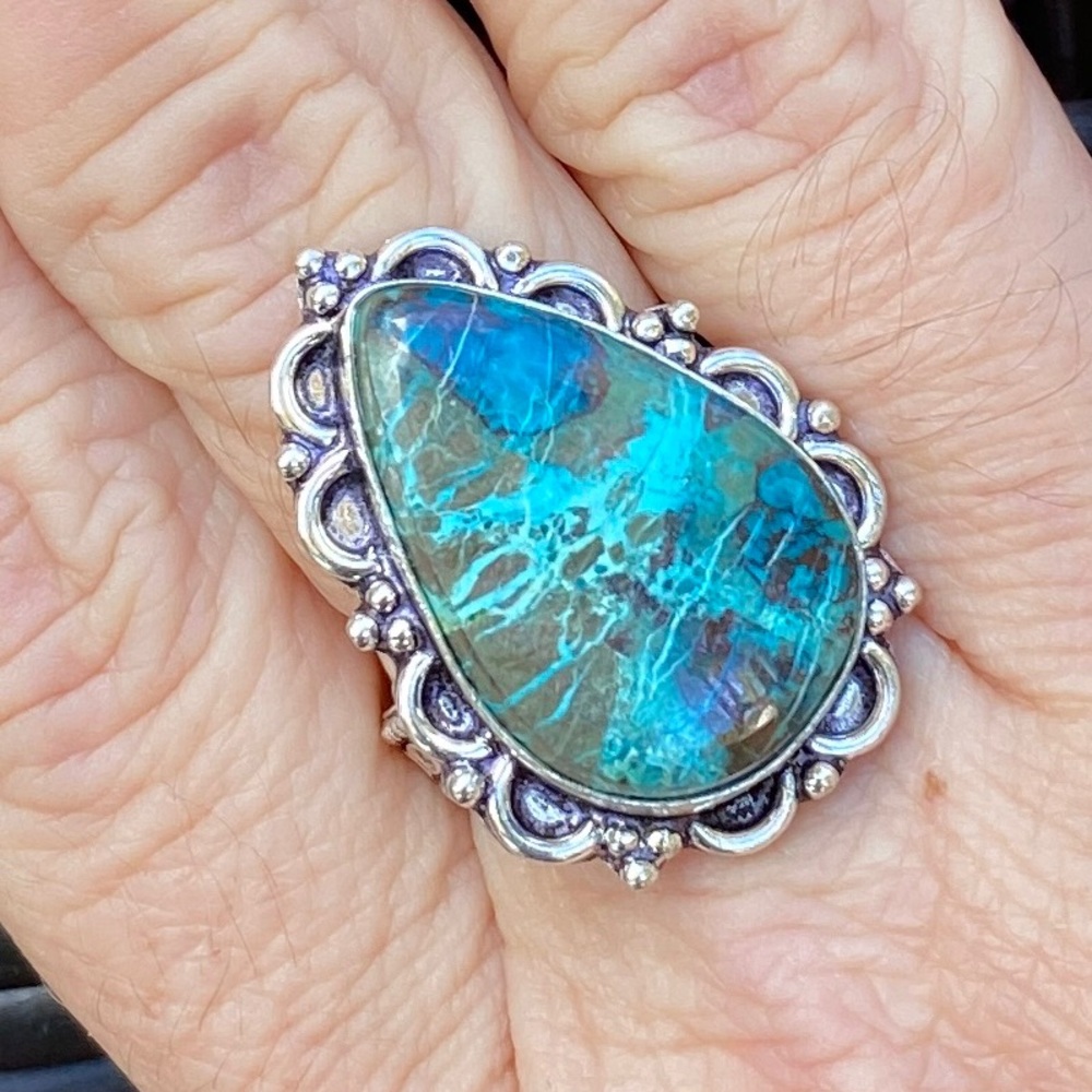 GEMSTONE SHATTUCKITE SILVER OVERLAY Ring, Sterling over brass, stamped .925